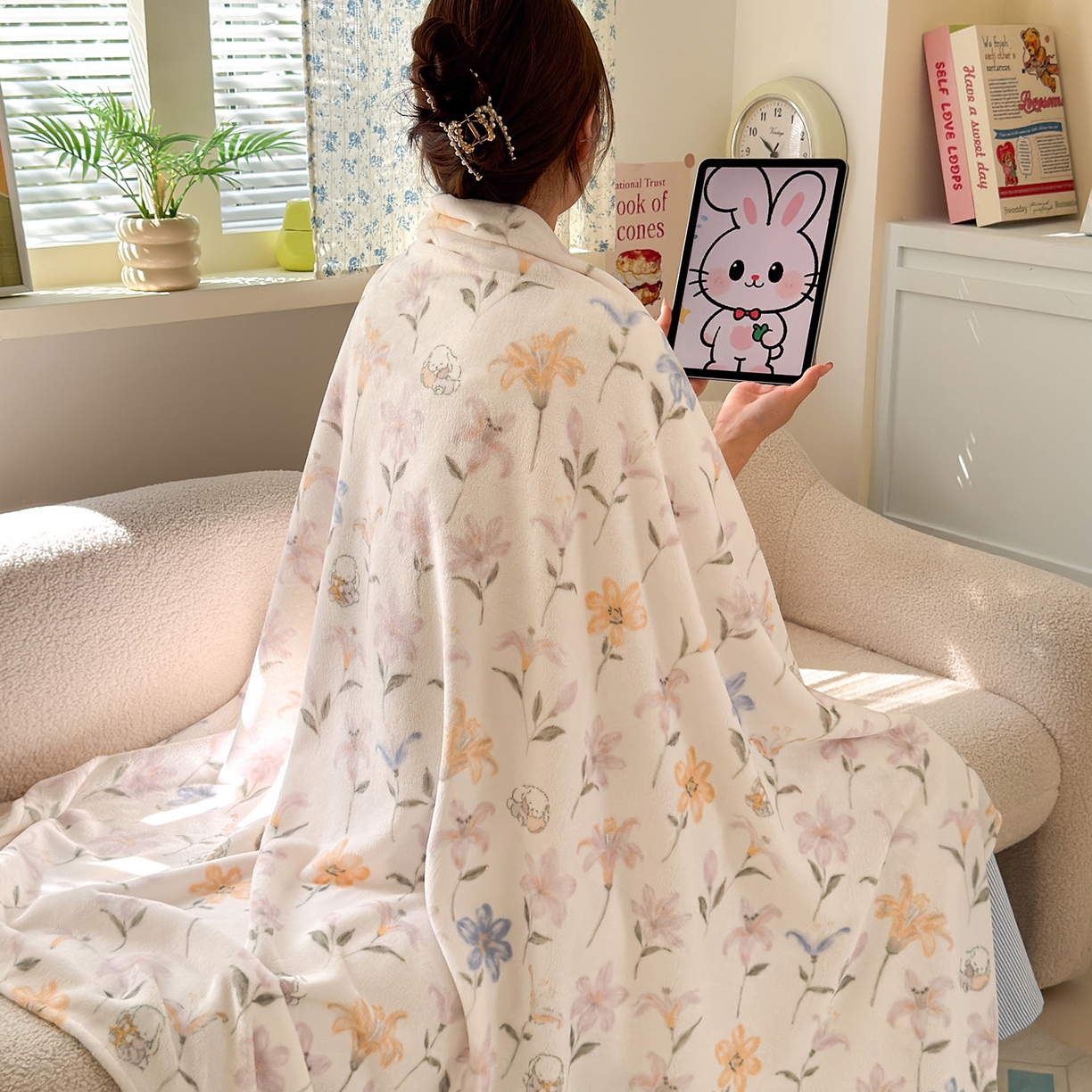 91家纺网 家纺一手货源 找家纺 沐芷 2025 A类牛奶绒毛毯印花盖毯毛毯午休毯卡通多功能沙发毯空调毯 提供买家秀（下载文件包，包含买家秀） 【绒】百合兔