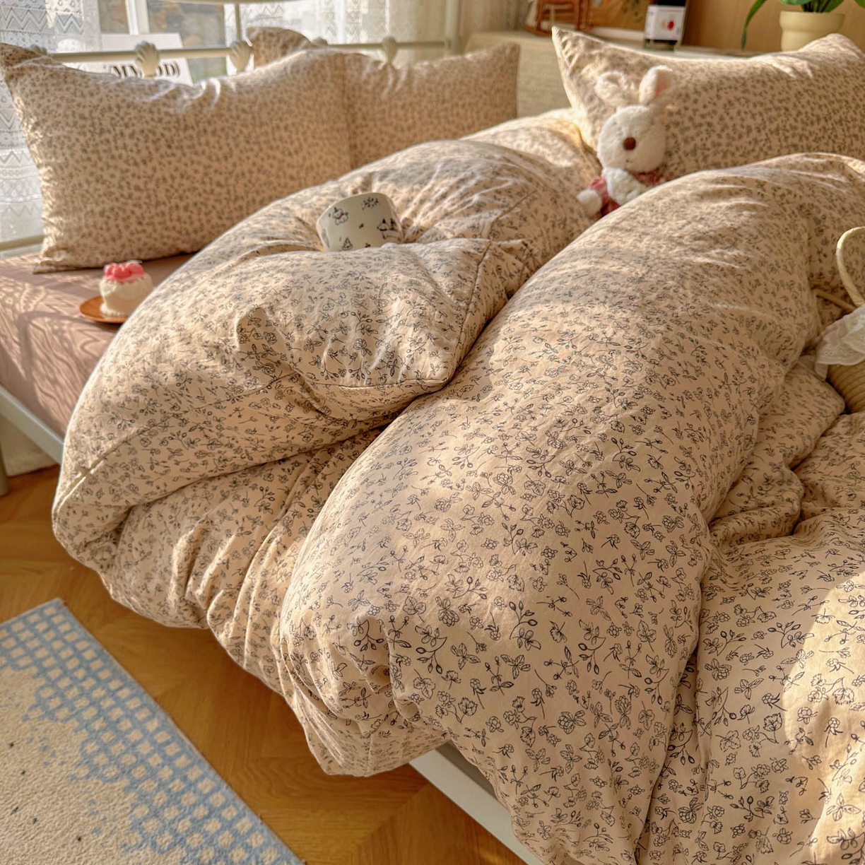 91家纺网 家纺一手货源 找家纺 优选 2025新款加厚爆款小布袋韩国古法水洗棉床单学生三件套床笠款四件套 赫拉花园