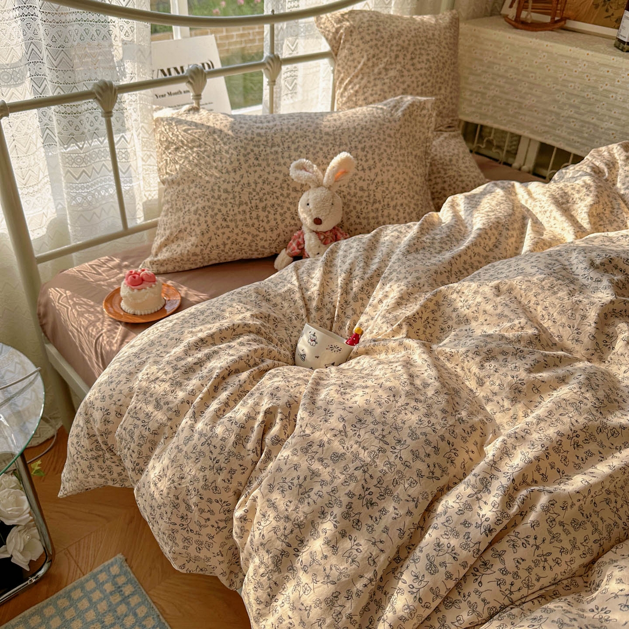 91家纺网 家纺一手货源 找家纺 优选 2025新款加厚爆款小布袋韩国古法水洗棉床单学生三件套床笠款四件套 赫拉花园