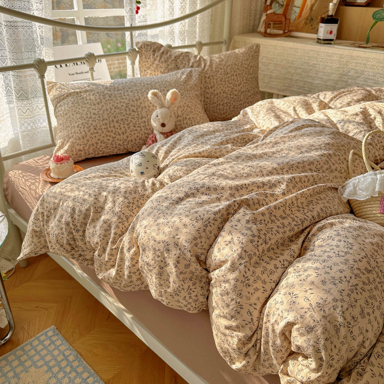 91家纺网 家纺一手货源 找家纺 优选 2025新款加厚爆款小布袋韩国古法水洗棉床单学生三件套床笠款四件套 赫拉花园