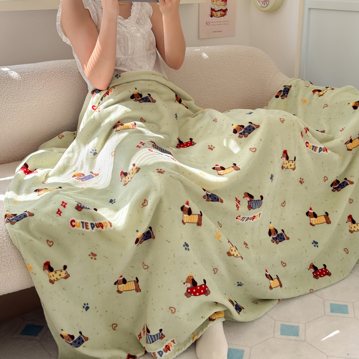 91家纺网 家纺一手货源 找家纺 沐芷 2025 A类牛奶绒毛毯印花盖毯毛毯午休毯卡通多功能沙发毯空调毯 提供买家秀（下载文件包，包含买家秀） 【绒】绿色腊肠狗