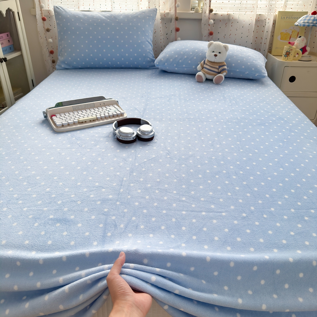 91家纺网 家纺一手货源 找家纺 沐芷 2025 A类牛奶绒床单高克重加厚床单单件加绒床单三件套珊瑚绒 提供买家秀（下载文件包，包含买家秀） 【绒】爱情蓝波点