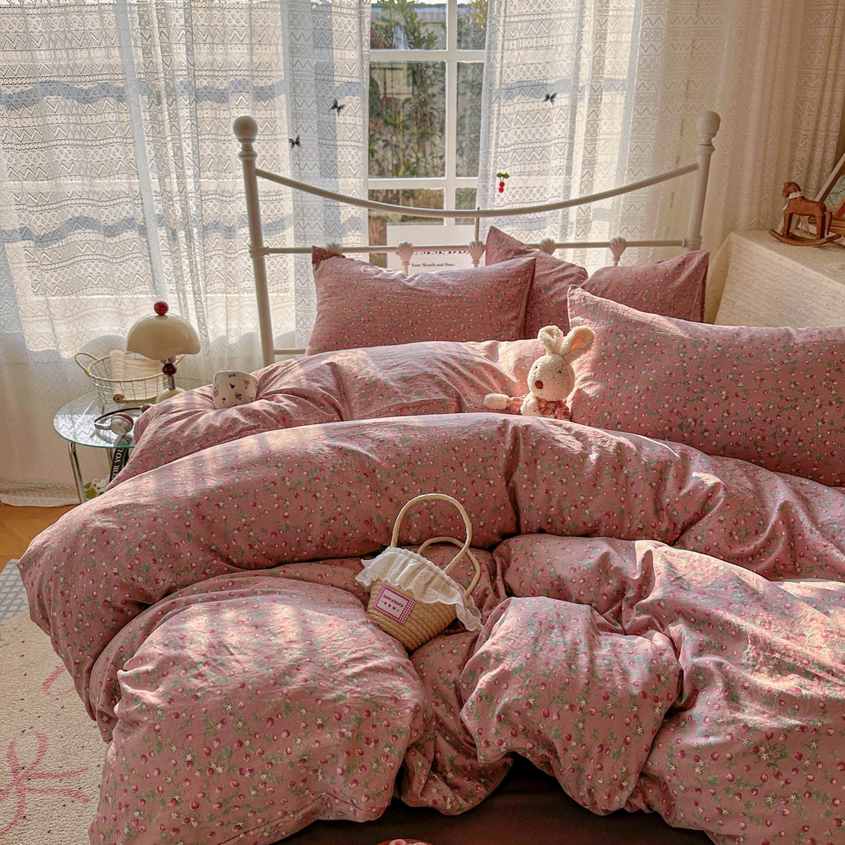 91家纺网 家纺一手货源 找家纺 优选 2025新款加厚爆款小布袋韩国古法水洗棉床单学生三件套床笠款四件套 红果