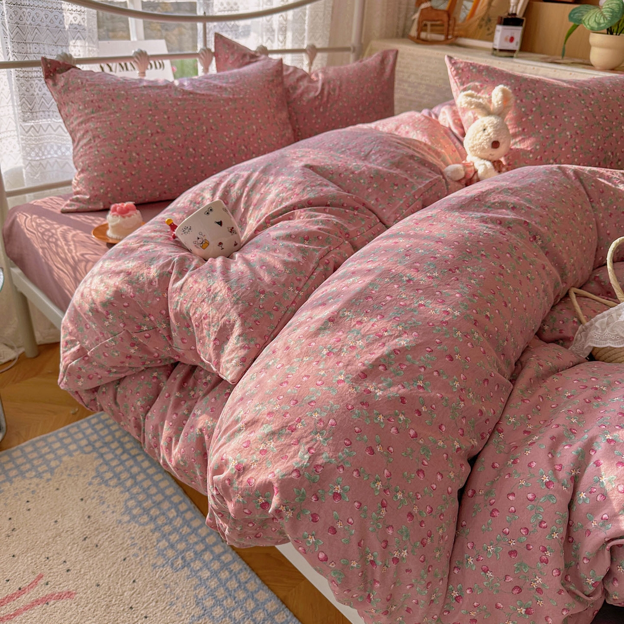 91家纺网 家纺一手货源 找家纺 优选 2025新款加厚爆款小布袋韩国古法水洗棉床单学生三件套床笠款四件套 红果