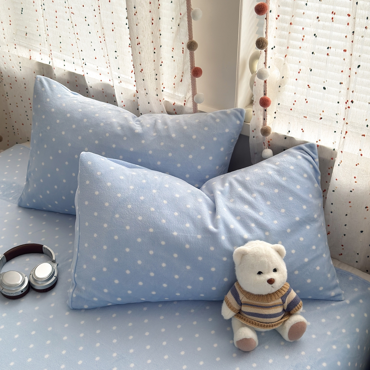 91家纺网 家纺一手货源 找家纺 沐芷 2025 A类牛奶绒床单高克重加厚床单单件加绒床单三件套珊瑚绒 提供买家秀（下载文件包，包含买家秀） 【绒】爱情蓝波点