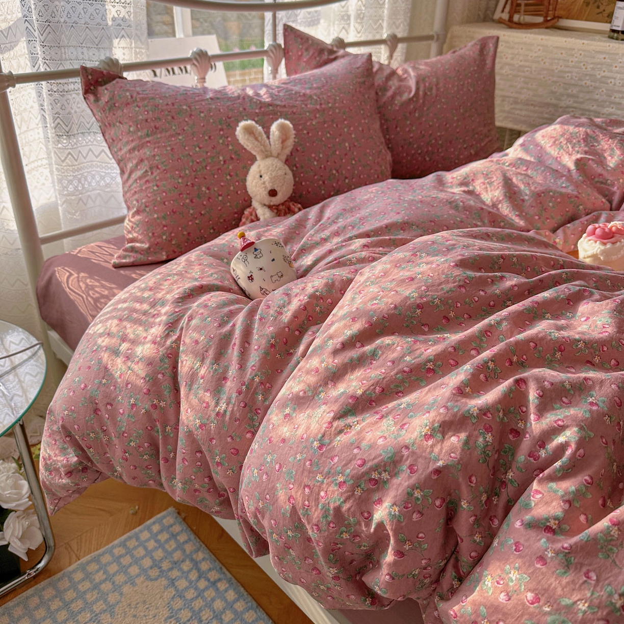 91家纺网 家纺一手货源 找家纺 优选 2025新款加厚爆款小布袋韩国古法水洗棉床单学生三件套床笠款四件套 红果