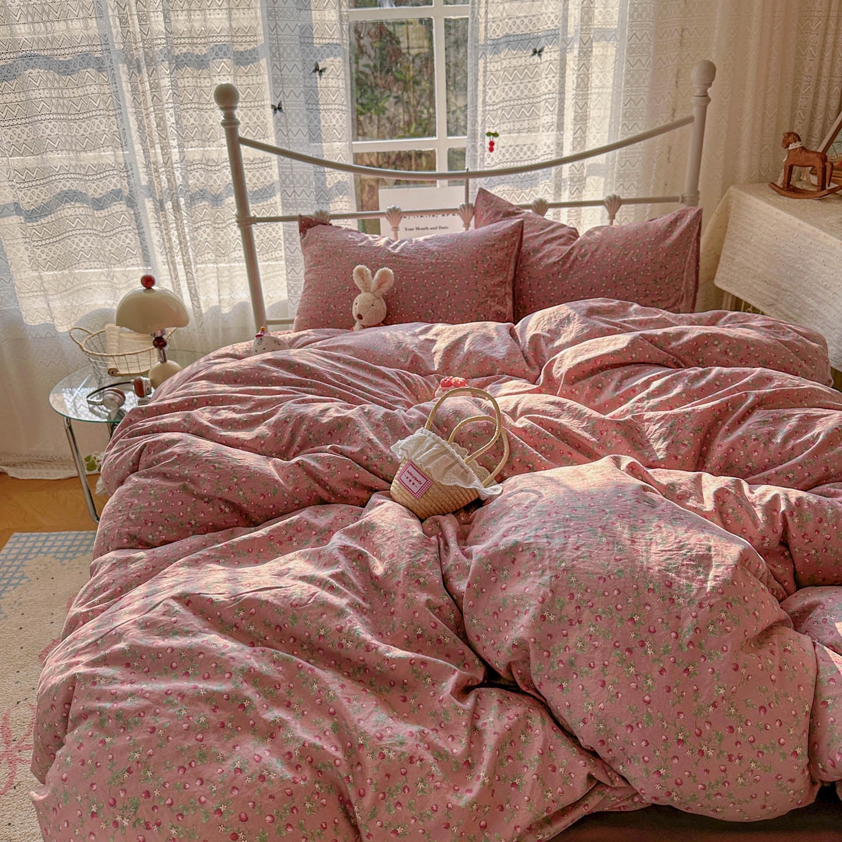 91家纺网 家纺一手货源 找家纺 优选 2025新款加厚爆款小布袋韩国古法水洗棉床单学生三件套床笠款四件套 红果