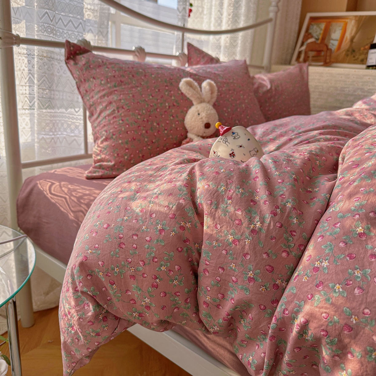 91家纺网 家纺一手货源 找家纺 优选 2025新款加厚爆款小布袋韩国古法水洗棉床单学生三件套床笠款四件套 红果