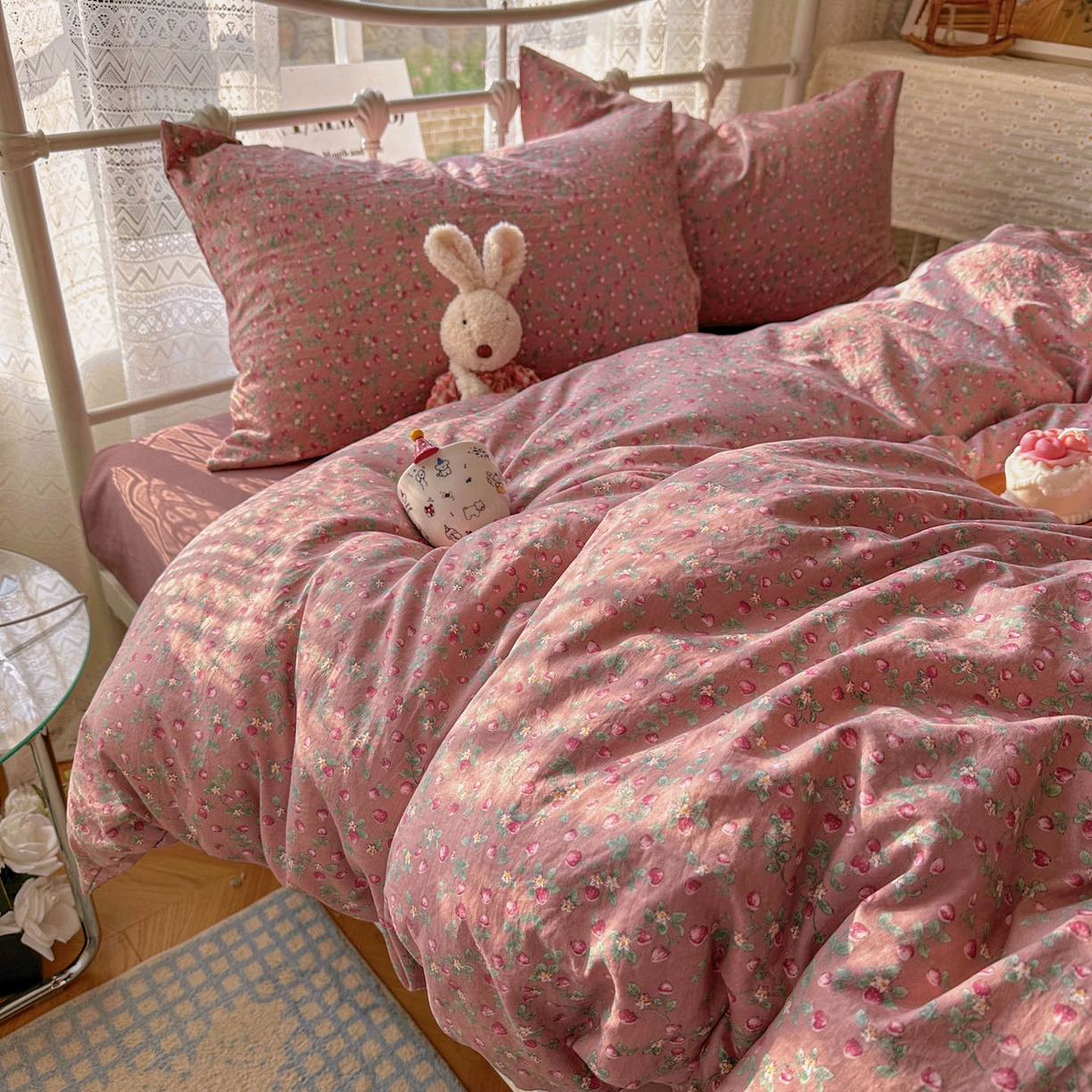 91家纺网 家纺一手货源 找家纺 优选 2025新款加厚爆款小布袋韩国古法水洗棉床单学生三件套床笠款四件套 红果