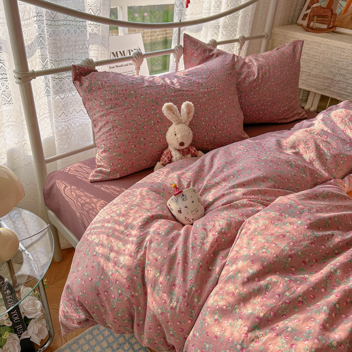 91家纺网 家纺一手货源 找家纺 优选 2025新款加厚爆款小布袋韩国古法水洗棉床单学生三件套床笠款四件套 红果