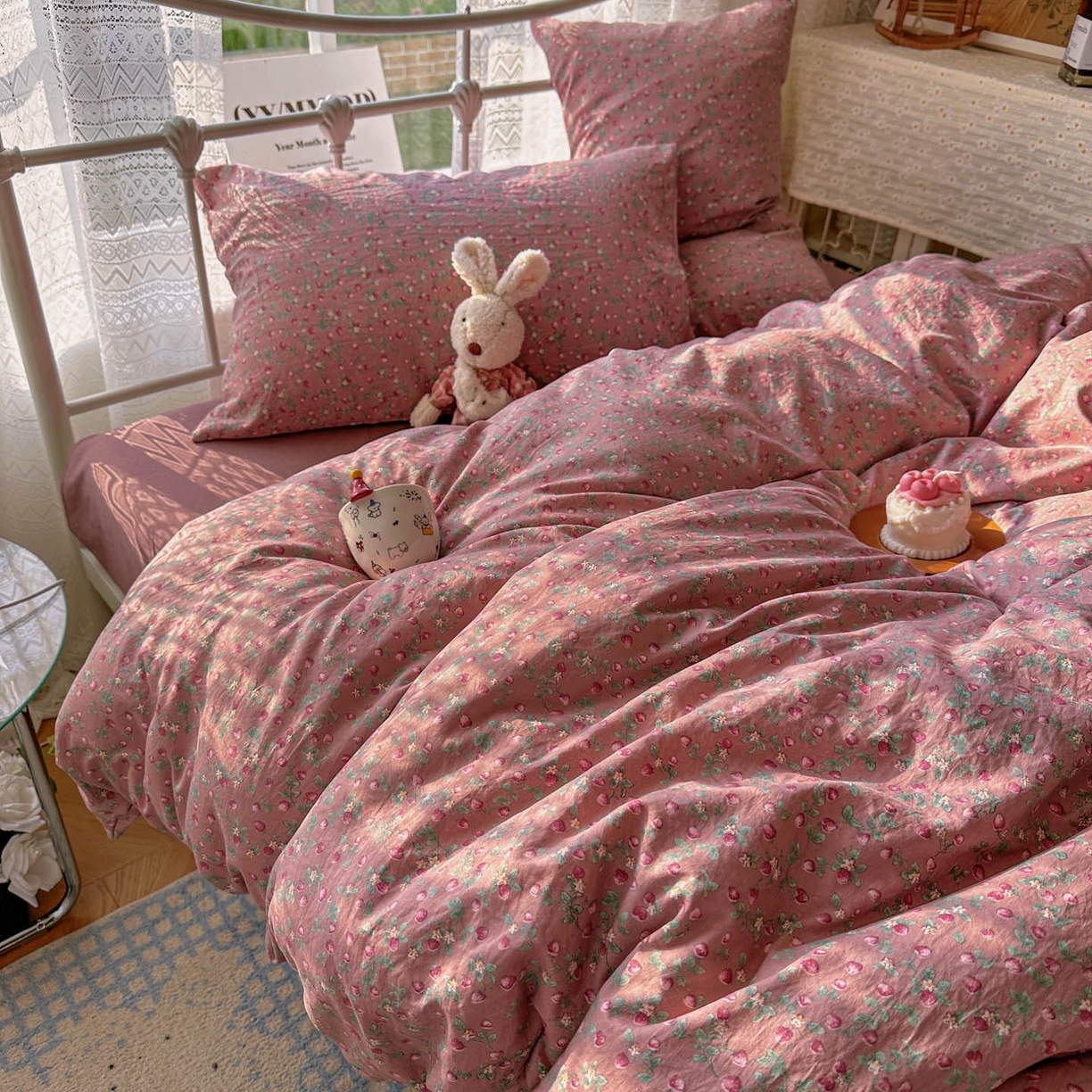 91家纺网 家纺一手货源 找家纺 优选 2025新款加厚爆款小布袋韩国古法水洗棉床单学生三件套床笠款四件套 红果