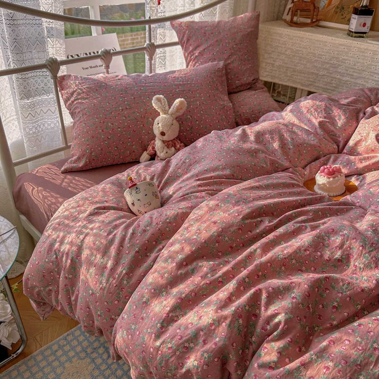 91家纺网 家纺一手货源 找家纺 优选 2025新款加厚爆款小布袋韩国古法水洗棉床单学生三件套床笠款四件套 红果