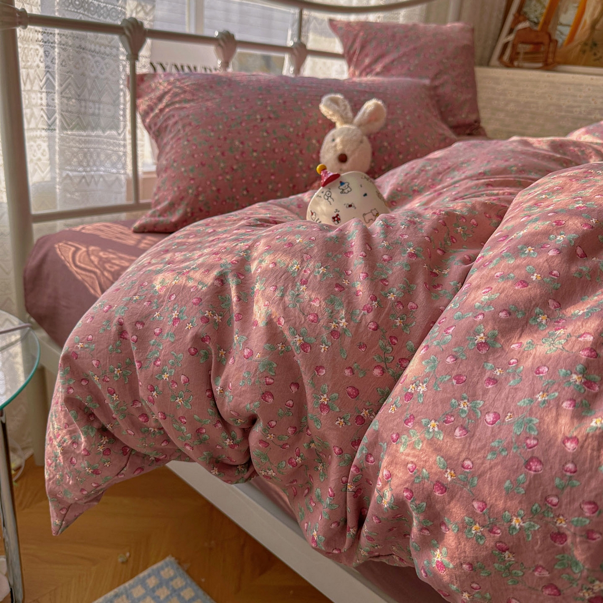 91家纺网 家纺一手货源 找家纺 优选 2025新款加厚爆款小布袋韩国古法水洗棉床单学生三件套床笠款四件套 红果