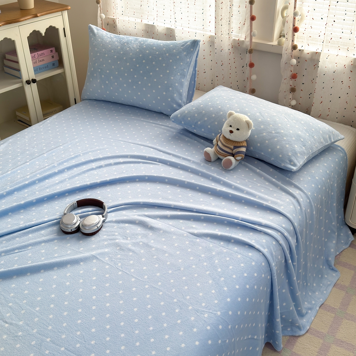 91家纺网 家纺一手货源 找家纺 沐芷 2025 A类牛奶绒床单高克重加厚床单单件加绒床单三件套珊瑚绒 提供买家秀（下载文件包，包含买家秀） 【绒】爱情蓝波点