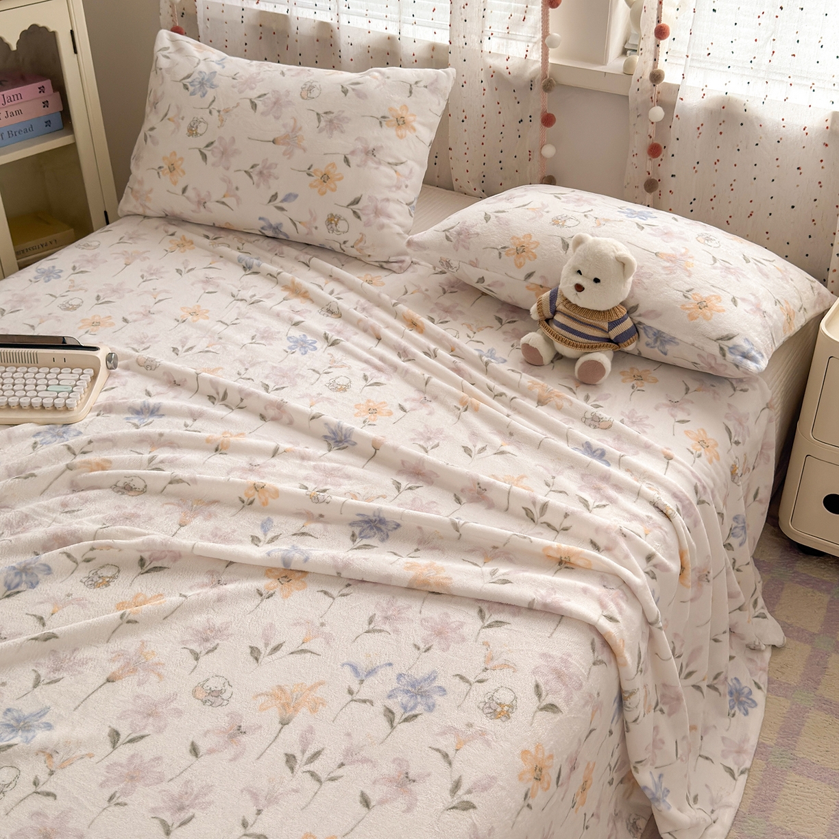 91家纺网 家纺一手货源 找家纺 沐芷 2025 A类牛奶绒床单高克重加厚床单单件加绒床单三件套珊瑚绒 提供买家秀（下载文件包，包含买家秀） 【绒】百合兔