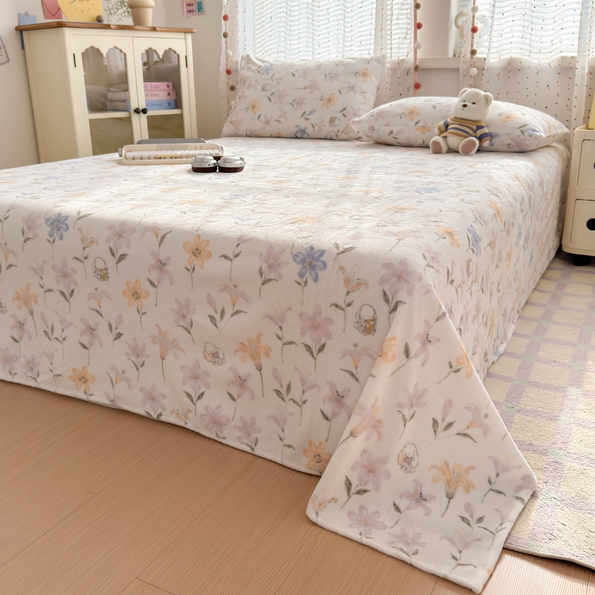 91家纺网 家纺一手货源 找家纺 沐芷 2025 A类牛奶绒床单高克重加厚床单单件加绒床单三件套珊瑚绒 提供买家秀（下载文件包，包含买家秀） 【绒】百合兔