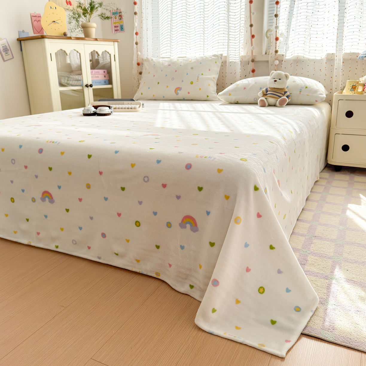 91家纺网 家纺一手货源 找家纺 沐芷 2025 A类牛奶绒床单高克重加厚床单单件加绒床单三件套珊瑚绒 提供买家秀（下载文件包，包含买家秀） 【绒】彩虹爱心