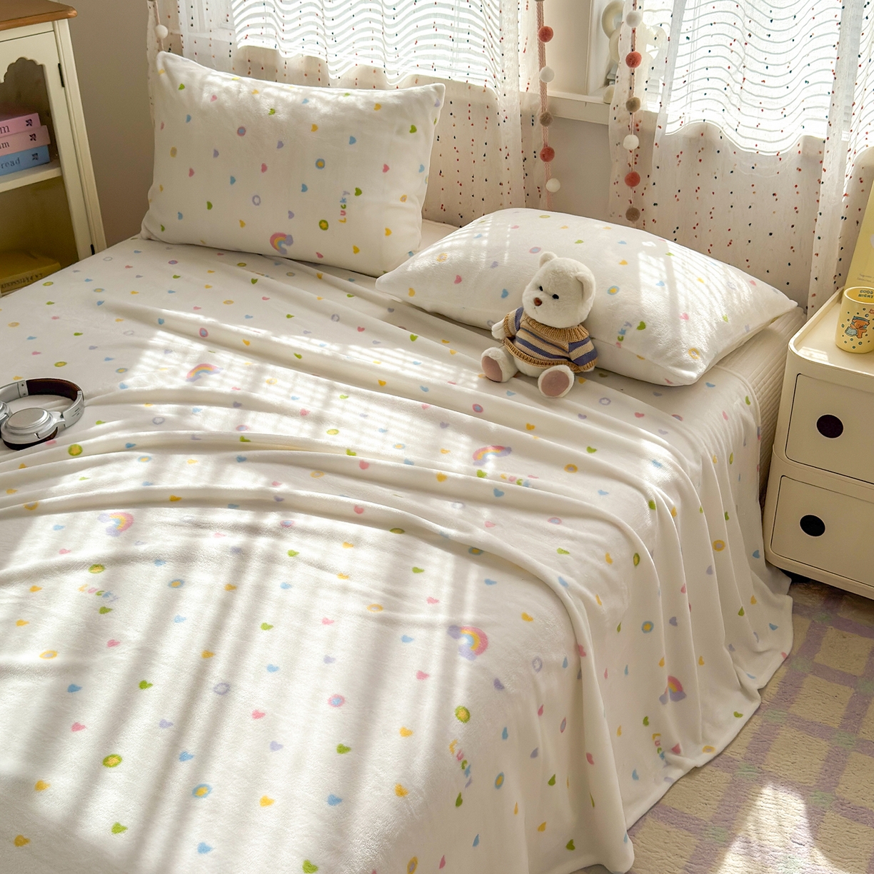 91家纺网 家纺一手货源 找家纺 沐芷 2025 A类牛奶绒床单高克重加厚床单单件加绒床单三件套珊瑚绒 提供买家秀（下载文件包，包含买家秀） 【绒】彩虹爱心