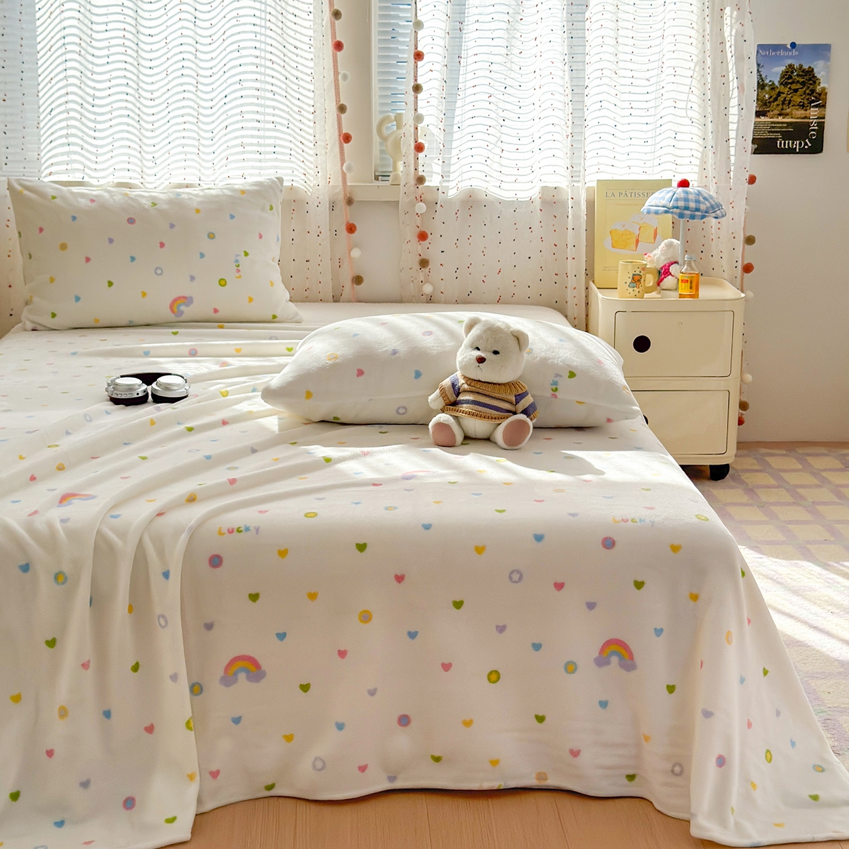 91家纺网 家纺一手货源 找家纺 沐芷 2025 A类牛奶绒床单高克重加厚床单单件加绒床单三件套珊瑚绒 提供买家秀（下载文件包，包含买家秀） 【绒】彩虹爱心