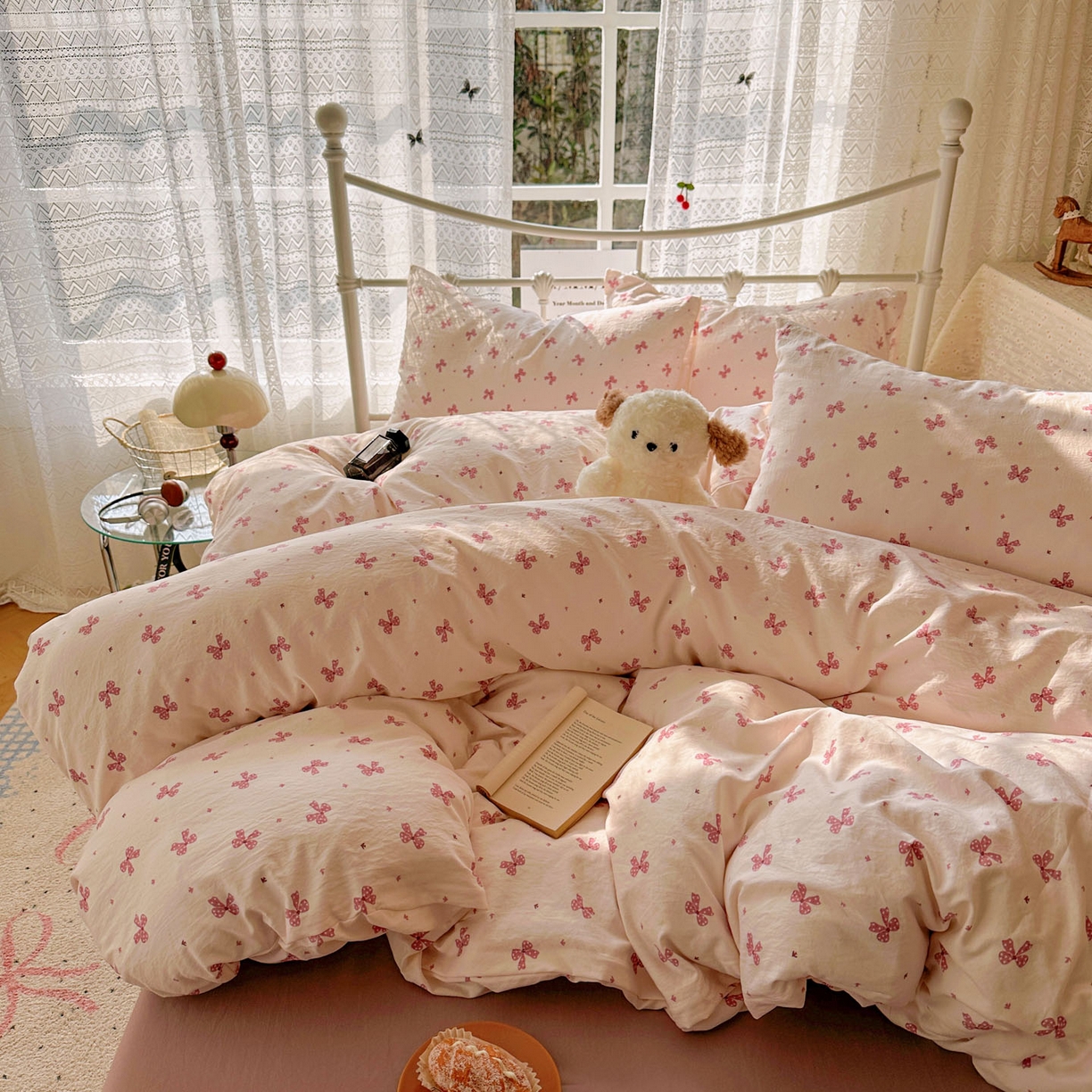 91家纺网 家纺一手货源 找家纺 优选 2025新款加厚爆款小布袋韩国古法水洗棉床单学生三件套床笠款四件套 蝴蝶结-黛粉