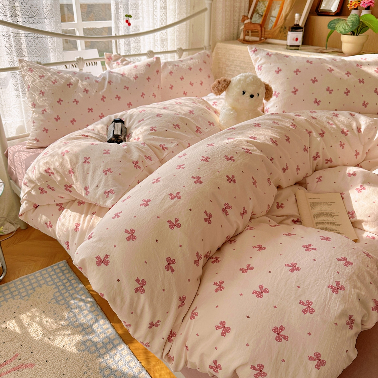 优选 2025新款加厚爆款小布袋韩国古法水洗棉床单学生三件套床笠款四件套 蝴蝶结-黛粉