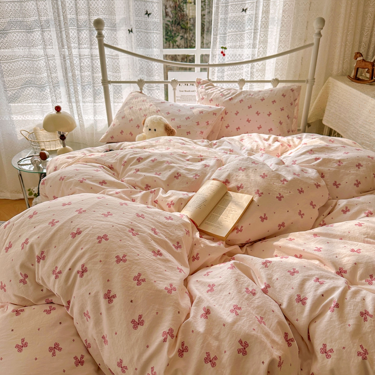 91家纺网 家纺一手货源 找家纺 优选 2025新款加厚爆款小布袋韩国古法水洗棉床单学生三件套床笠款四件套 蝴蝶结-黛粉