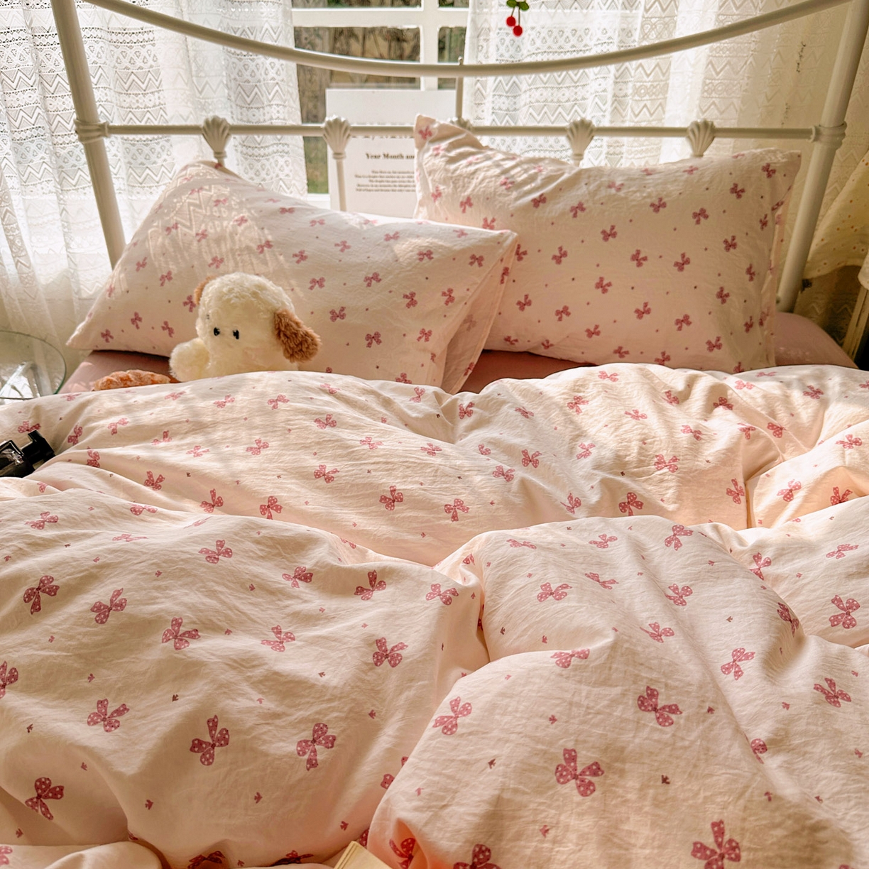 91家纺网 家纺一手货源 找家纺 优选 2025新款加厚爆款小布袋韩国古法水洗棉床单学生三件套床笠款四件套 蝴蝶结-黛粉