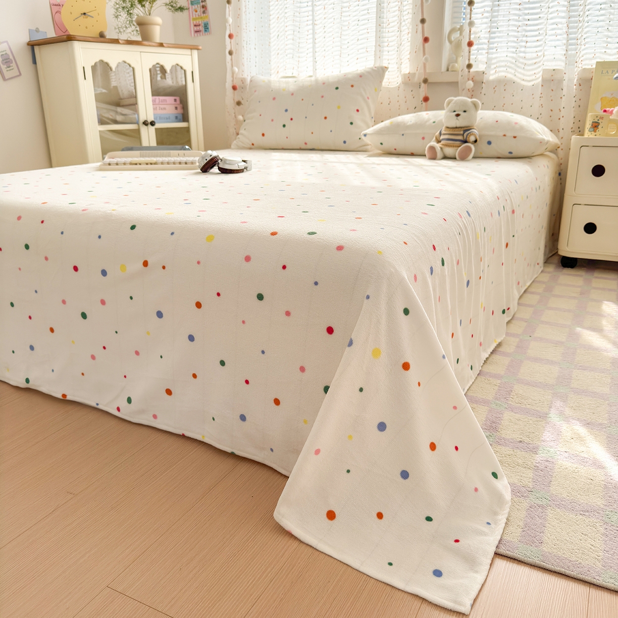 91家纺网 家纺一手货源 找家纺 沐芷 2025 A类牛奶绒床单高克重加厚床单单件加绒床单三件套珊瑚绒 提供买家秀（下载文件包，包含买家秀） 【绒】彩色波点