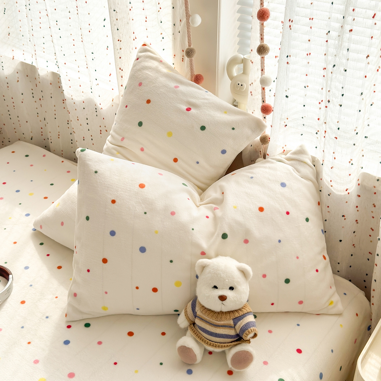 91家纺网 家纺一手货源 找家纺 沐芷 2025 A类牛奶绒床单高克重加厚床单单件加绒床单三件套珊瑚绒 提供买家秀（下载文件包，包含买家秀） 【绒】彩色波点