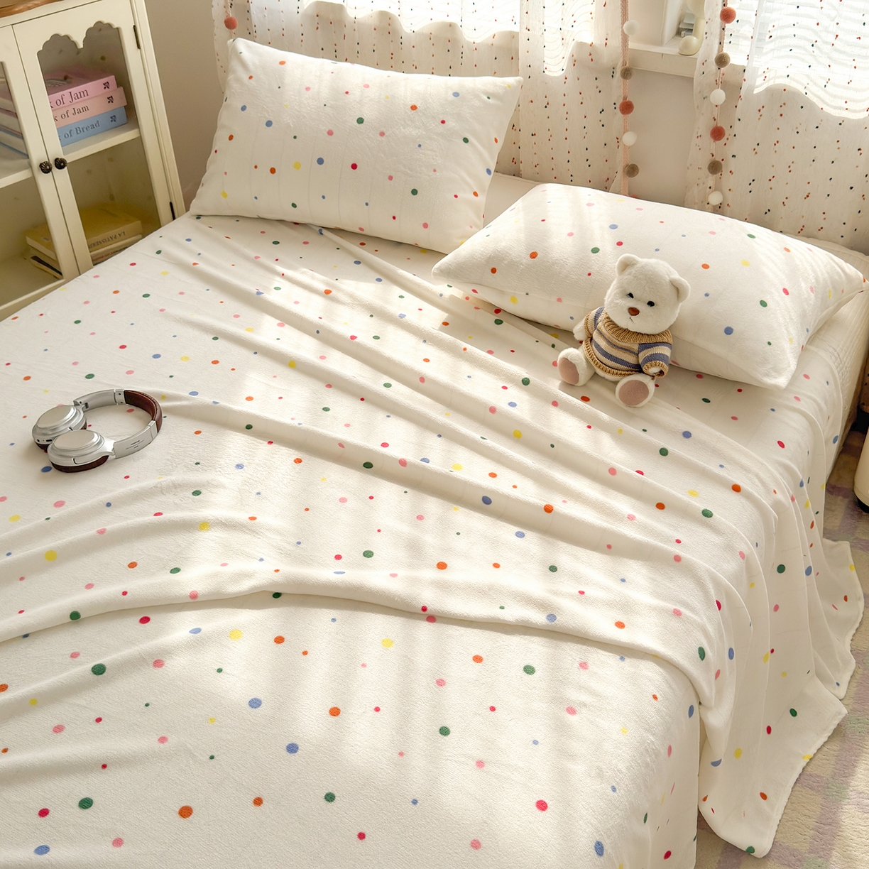 91家纺网 家纺一手货源 找家纺 沐芷 2025 A类牛奶绒床单高克重加厚床单单件加绒床单三件套珊瑚绒 提供买家秀（下载文件包，包含买家秀） 【绒】彩色波点