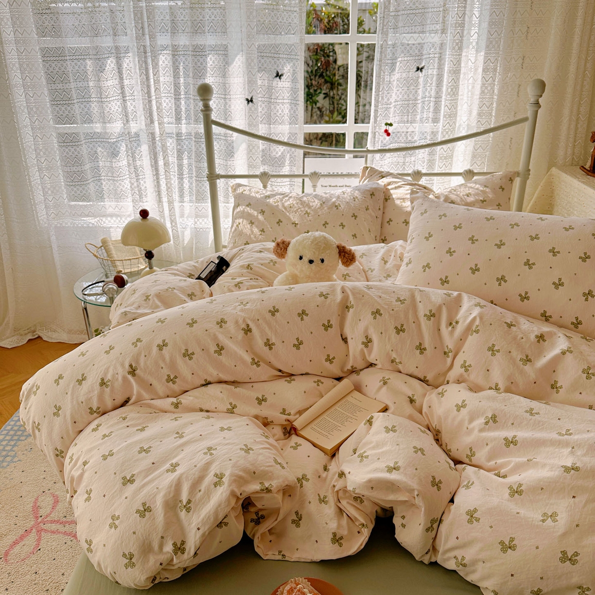 91家纺网 家纺一手货源 找家纺 优选 2025新款加厚爆款小布袋韩国古法水洗棉床单学生三件套床笠款四件套 蝴蝶结-米黄