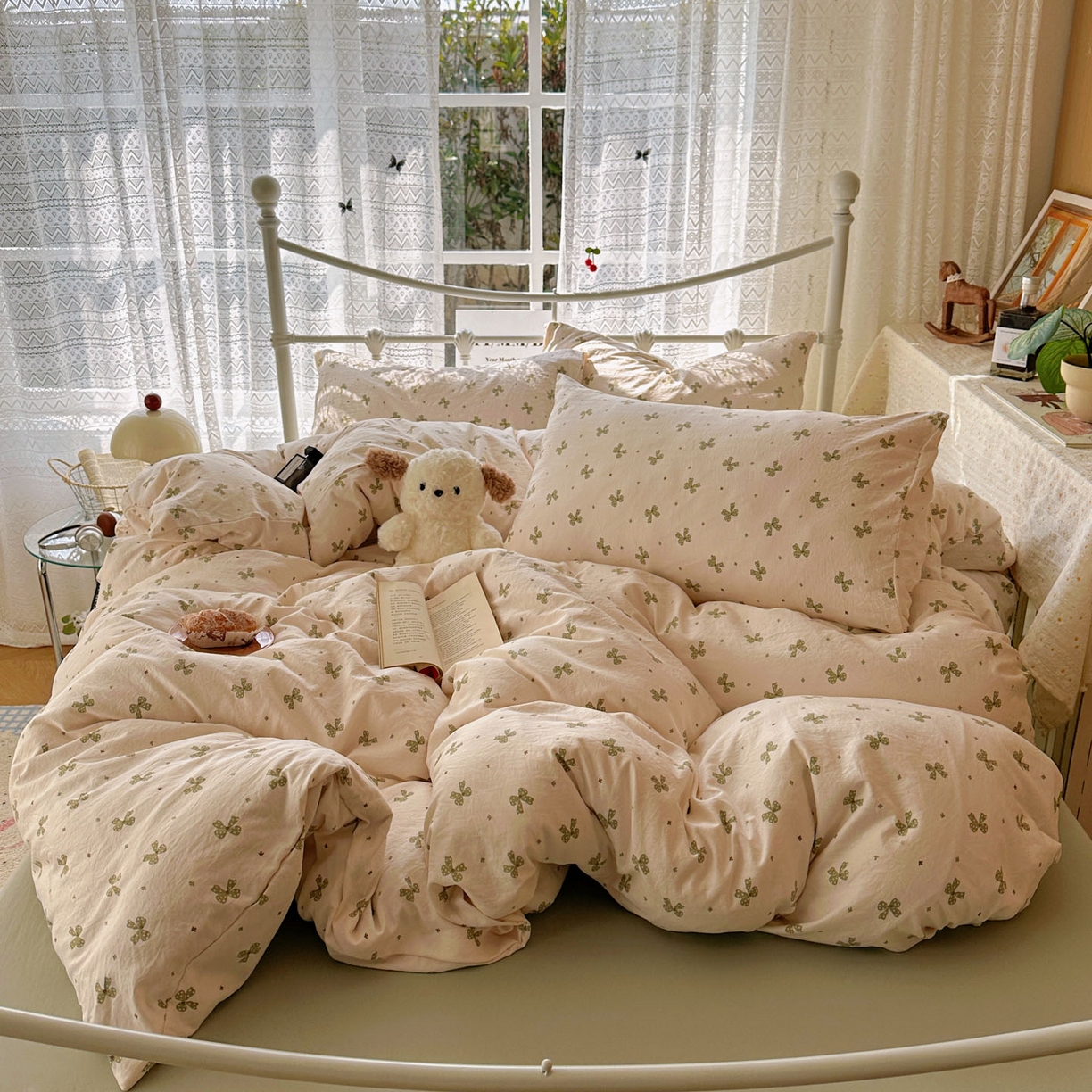 91家纺网 家纺一手货源 找家纺 优选 2025新款加厚爆款小布袋韩国古法水洗棉床单学生三件套床笠款四件套 蝴蝶结-米黄