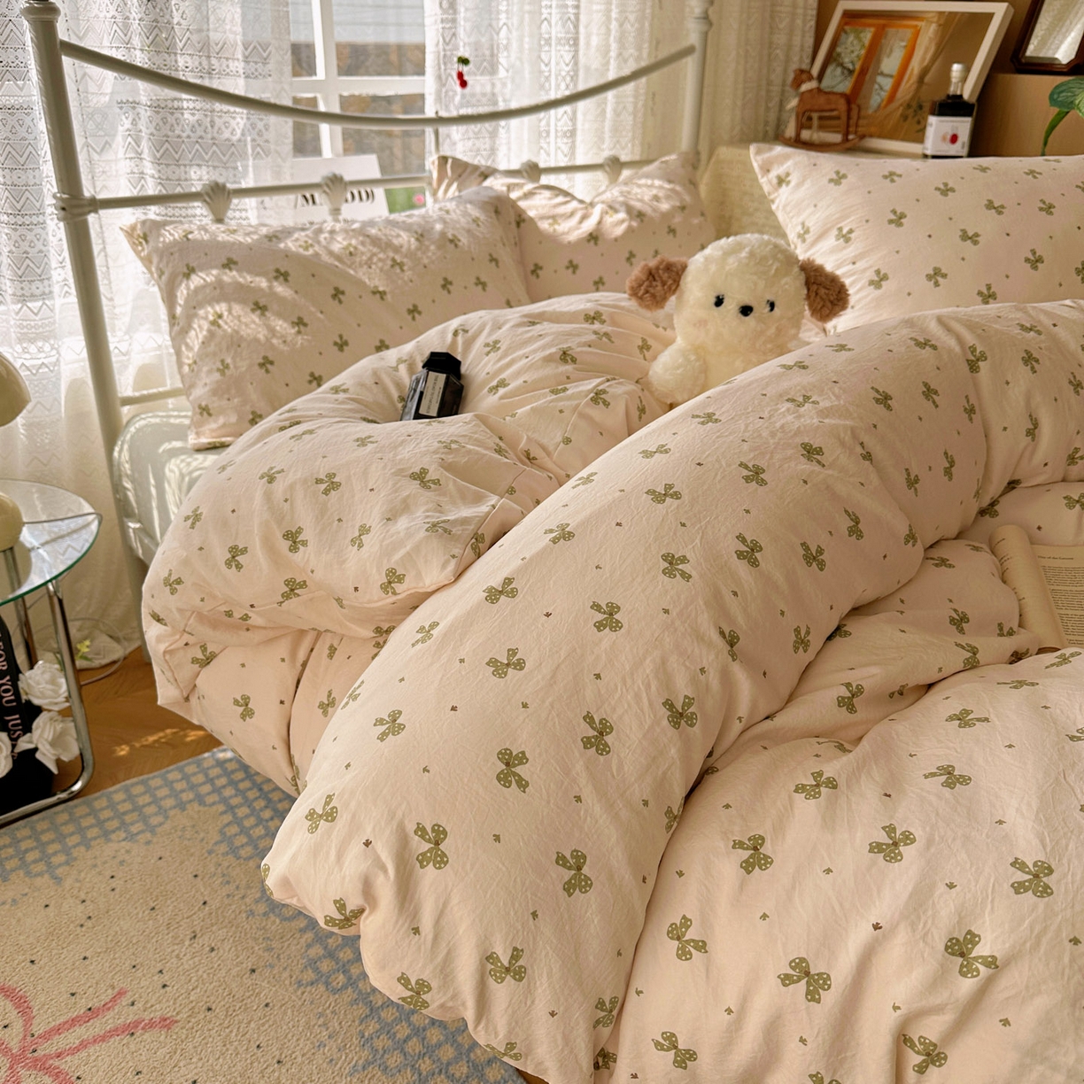 91家纺网 家纺一手货源 找家纺 优选 2025新款加厚爆款小布袋韩国古法水洗棉床单学生三件套床笠款四件套 蝴蝶结-米黄