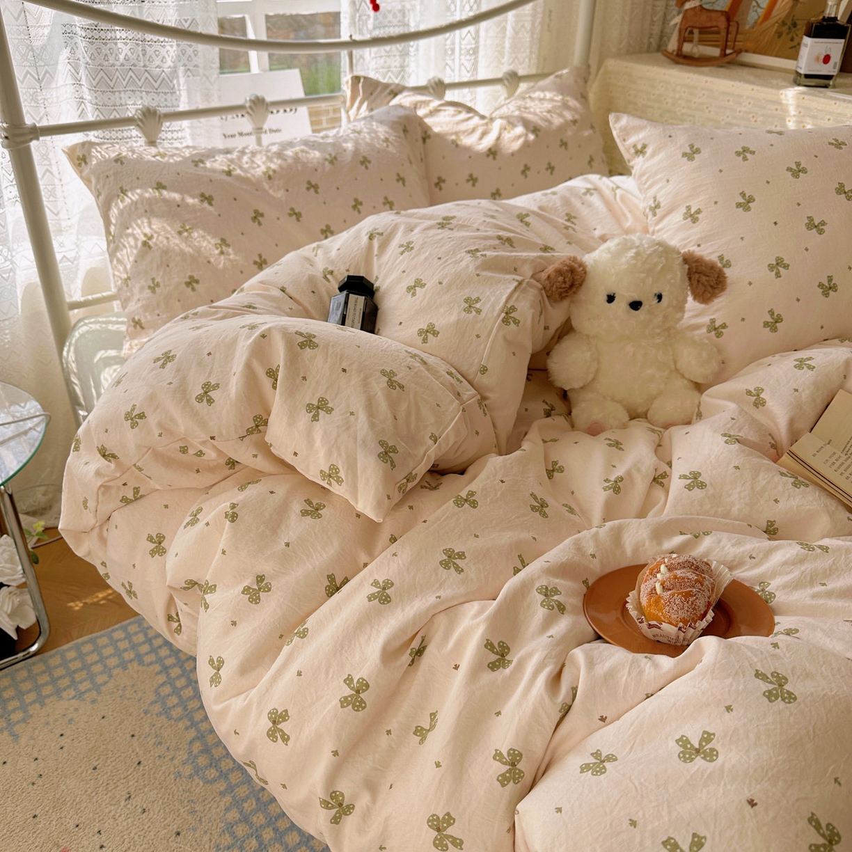 91家纺网 家纺一手货源 找家纺 优选 2025新款加厚爆款小布袋韩国古法水洗棉床单学生三件套床笠款四件套 蝴蝶结-米黄