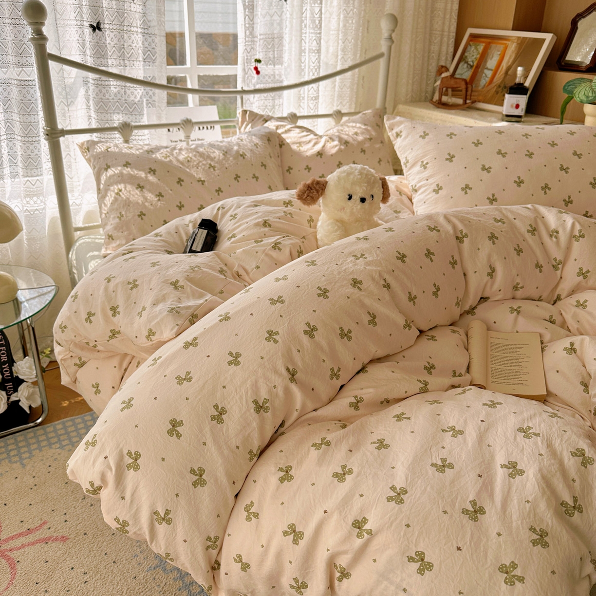 优选 2025新款加厚爆款小布袋韩国古法水洗棉床单学生三件套床笠款四件套 蝴蝶结-米黄