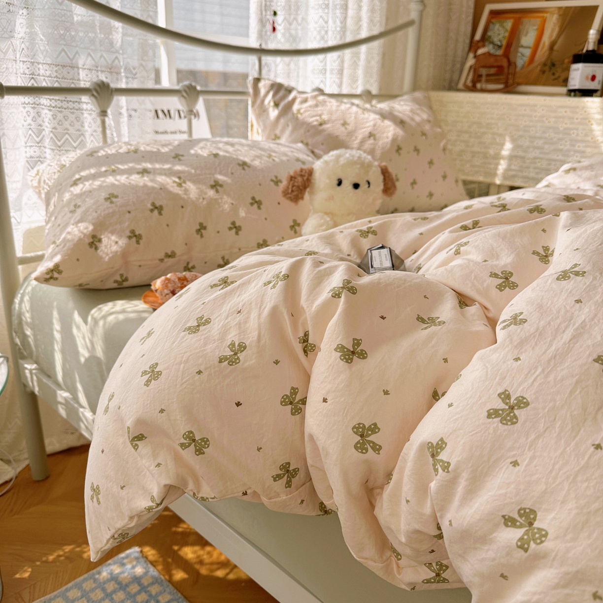 91家纺网 家纺一手货源 找家纺 优选 2025新款加厚爆款小布袋韩国古法水洗棉床单学生三件套床笠款四件套 蝴蝶结-米黄