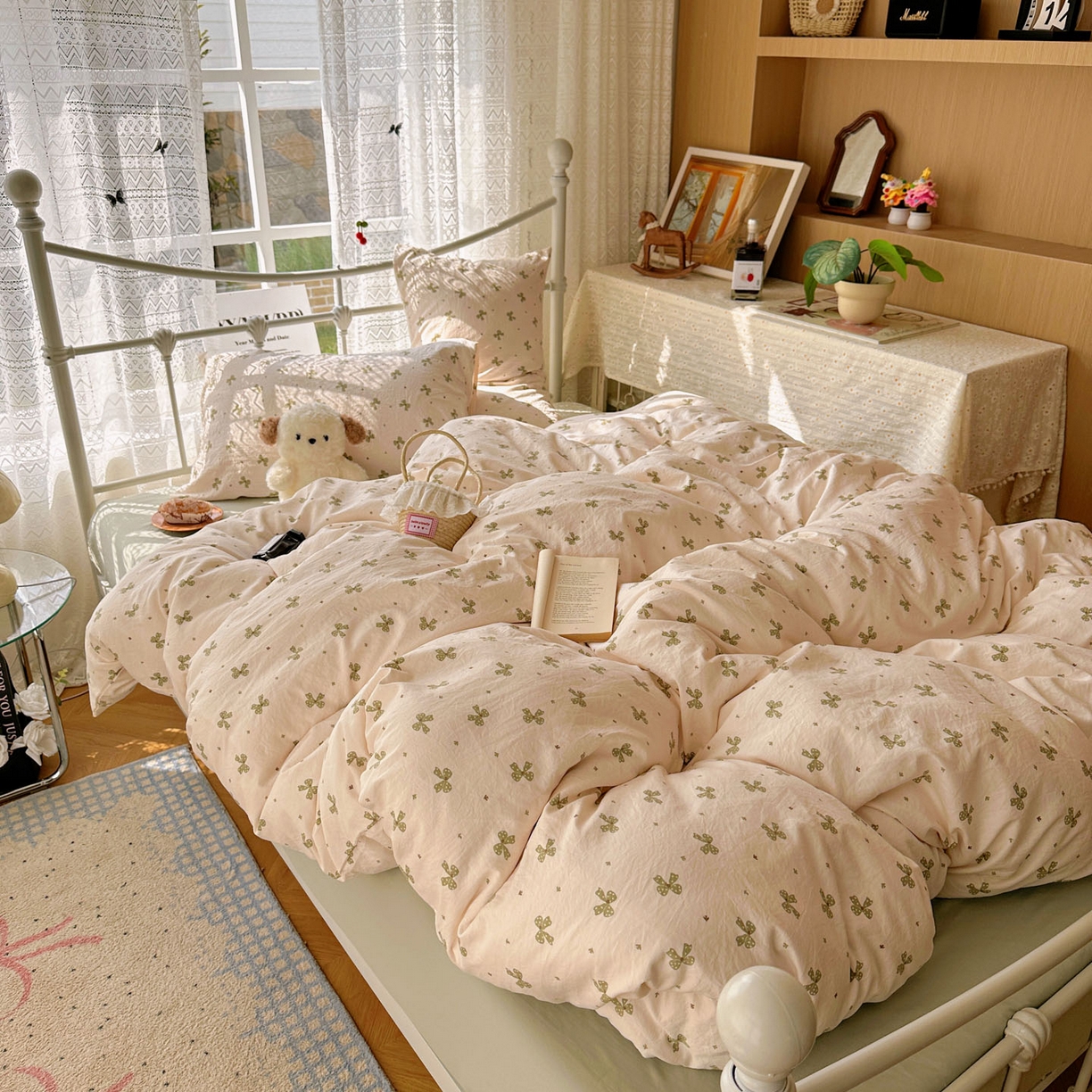 91家纺网 家纺一手货源 找家纺 优选 2025新款加厚爆款小布袋韩国古法水洗棉床单学生三件套床笠款四件套 蝴蝶结-米黄