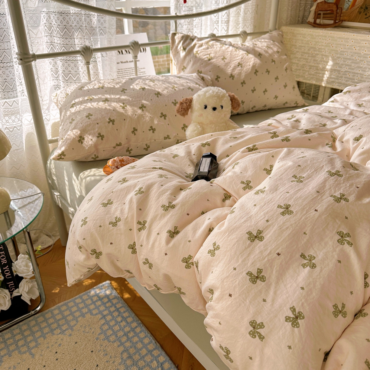 91家纺网 家纺一手货源 找家纺 优选 2025新款加厚爆款小布袋韩国古法水洗棉床单学生三件套床笠款四件套 蝴蝶结-米黄