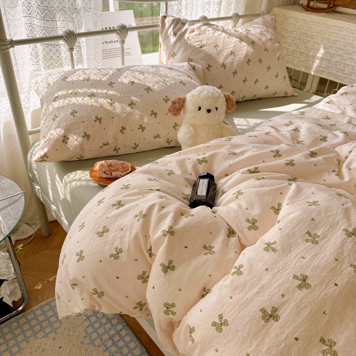 91家纺网 家纺一手货源 找家纺 优选 2025新款加厚爆款小布袋韩国古法水洗棉床单学生三件套床笠款四件套 蝴蝶结-米黄