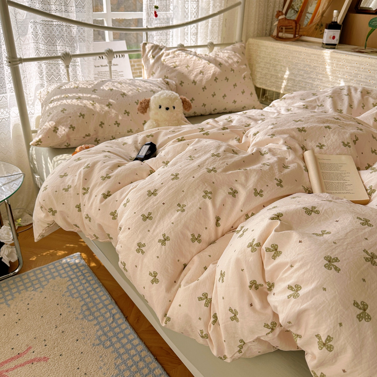 91家纺网 家纺一手货源 找家纺 优选 2025新款加厚爆款小布袋韩国古法水洗棉床单学生三件套床笠款四件套 蝴蝶结-米黄