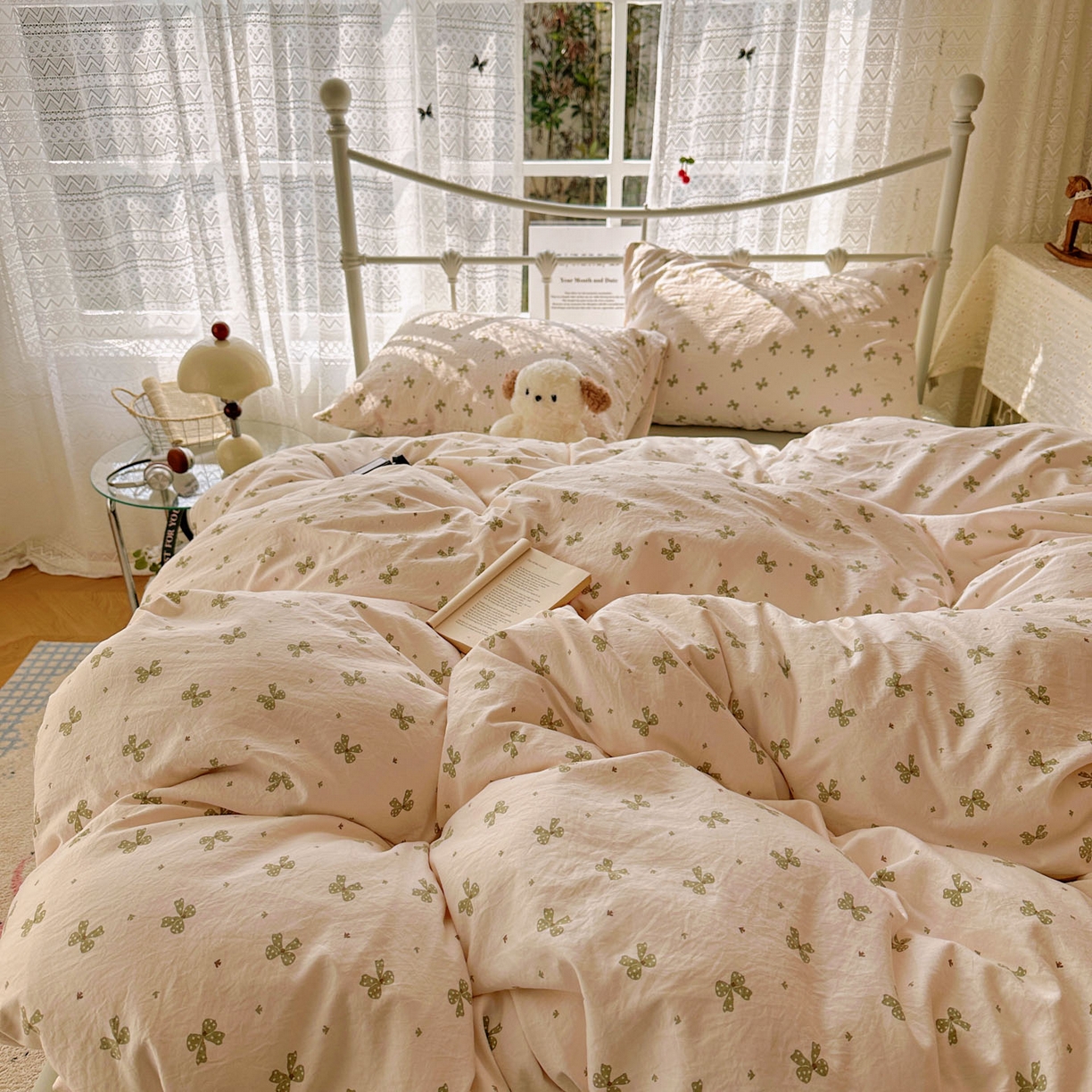 91家纺网 家纺一手货源 找家纺 优选 2025新款加厚爆款小布袋韩国古法水洗棉床单学生三件套床笠款四件套 蝴蝶结-米黄