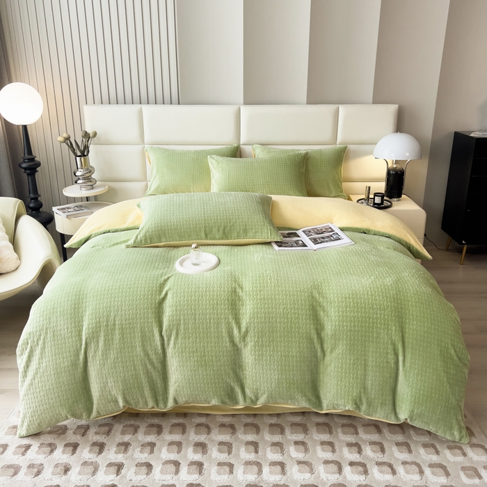 91家纺网 家纺一手货源 找家纺 印季家纺 2025新款立体剪花十字结牛奶绒四件套 草绿-亮黄