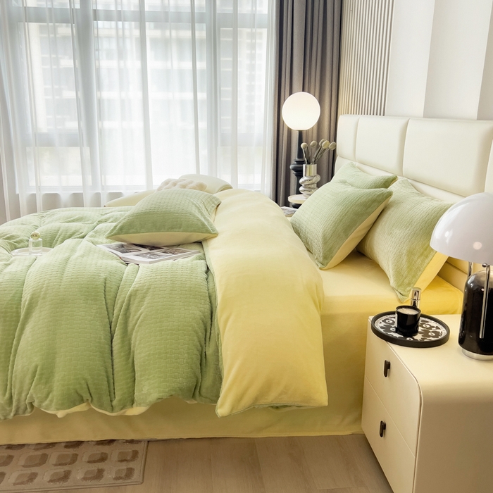 91家纺网 家纺一手货源 找家纺 印季家纺 2025新款立体剪花十字结牛奶绒四件套 草绿-亮黄