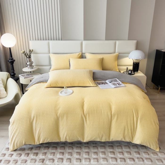 91家纺网 家纺一手货源 找家纺 印季家纺 2025新款立体剪花十字结牛奶绒四件套 亮黄-灰