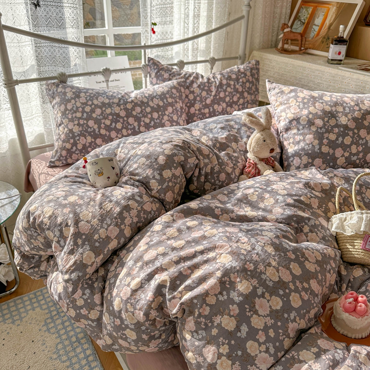 91家纺网 家纺一手货源 找家纺 优选 2025新款加厚爆款小布袋韩国古法水洗棉床单学生三件套床笠款四件套 花漾