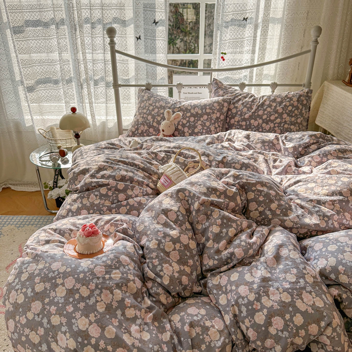 91家纺网 家纺一手货源 找家纺 优选 2025新款加厚爆款小布袋韩国古法水洗棉床单学生三件套床笠款四件套 花漾