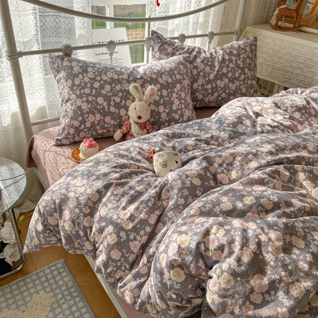 91家纺网 家纺一手货源 找家纺 优选 2025新款加厚爆款小布袋韩国古法水洗棉床单学生三件套床笠款四件套 花漾