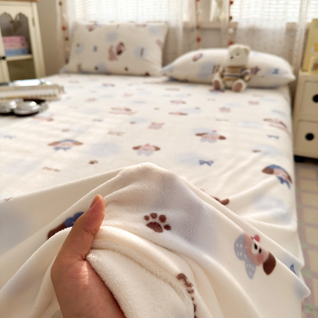 91家纺网 家纺一手货源 找家纺 沐芷 2025 A类牛奶绒床单高克重加厚床单单件加绒床单三件套珊瑚绒 提供买家秀（下载文件包，包含买家秀） 【绒】蓝波点印记