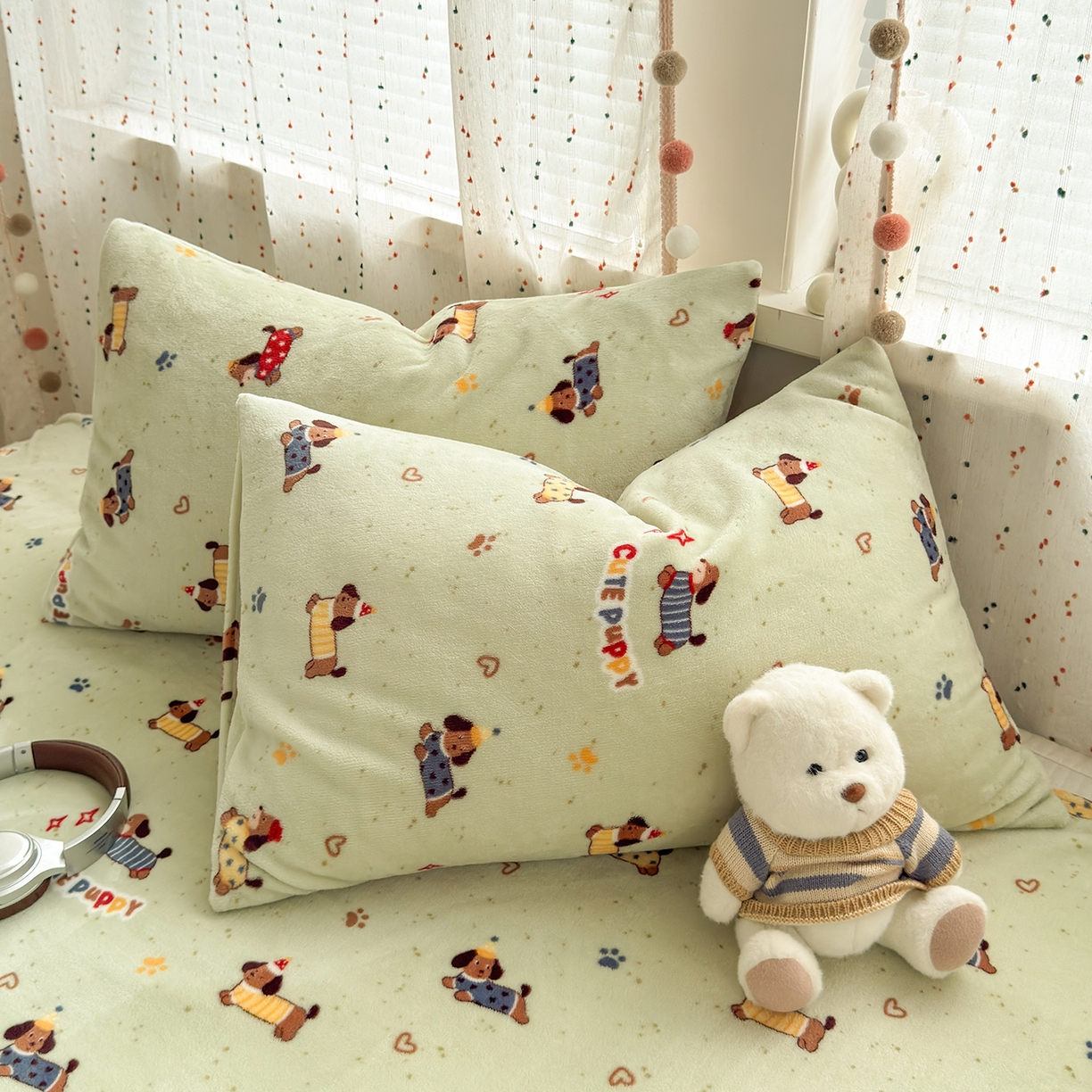 91家纺网 家纺一手货源 找家纺 沐芷 2025 A类牛奶绒床单高克重加厚床单单件加绒床单三件套珊瑚绒 提供买家秀（下载文件包，包含买家秀） 【绒】绿色腊肠狗