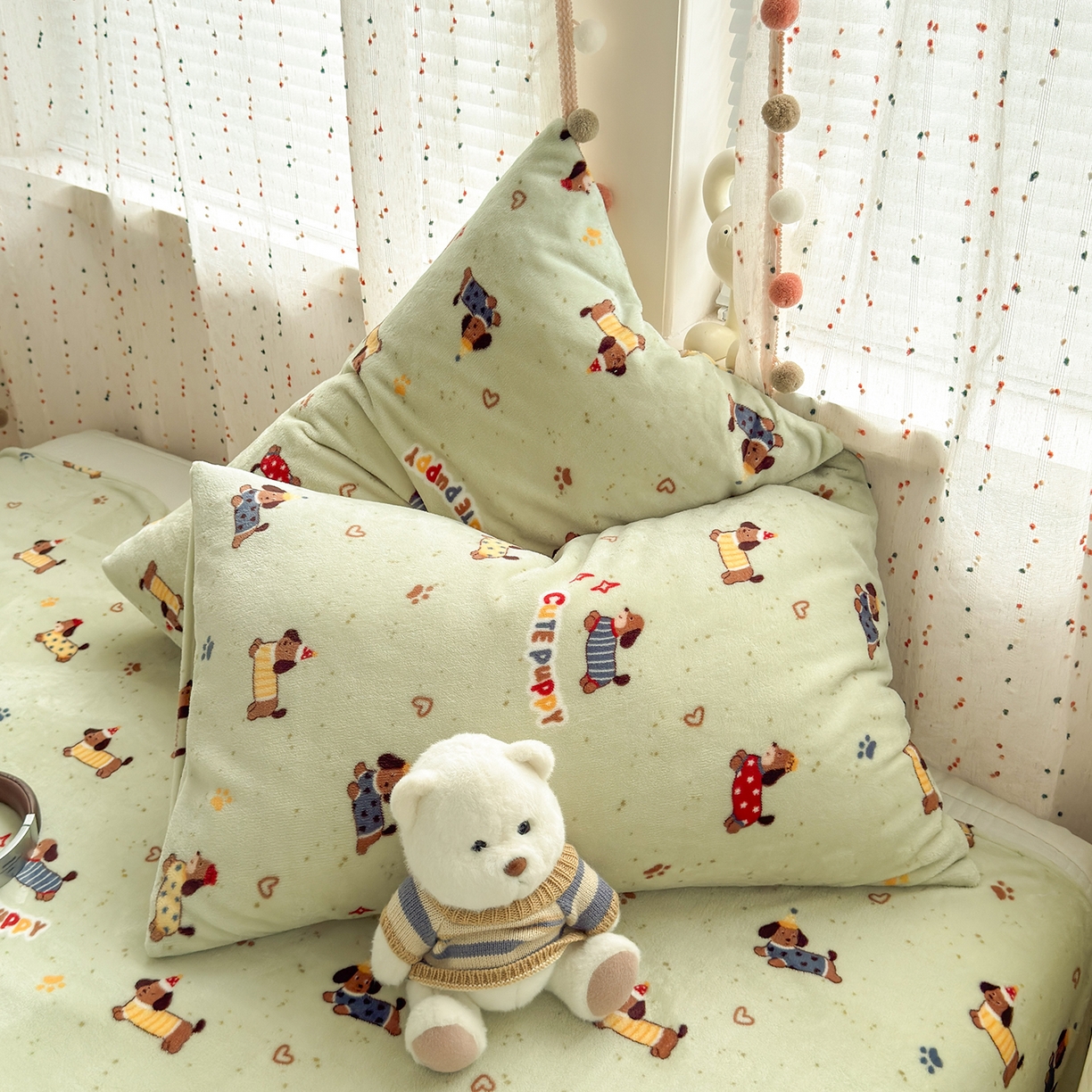 91家纺网 家纺一手货源 找家纺 沐芷 2025 A类牛奶绒床单高克重加厚床单单件加绒床单三件套珊瑚绒 提供买家秀（下载文件包，包含买家秀） 【绒】绿色腊肠狗